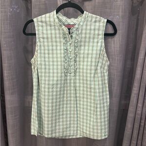 Vineyard vines, green plaid women’s shirt ruffle gold sparkle, top size 8 blouse